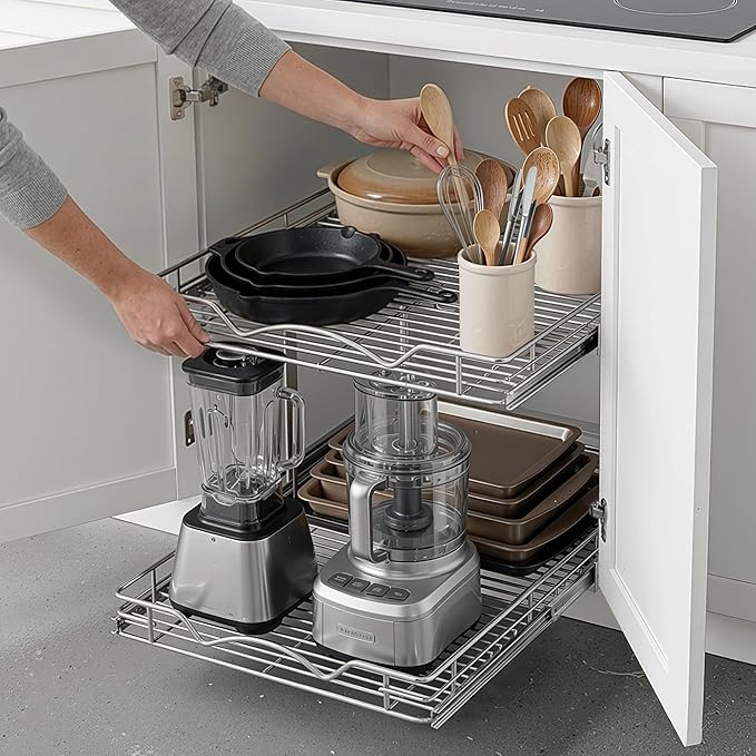 2-Tier Pull-Out Cabinet Organizer with Heavy-Duty Steel Frame, Full-Extension Sliding Shelves, Holds 100 lbs, Easy Install for Kitchen, Pantry & Under Sink Cabinets, 26" W x 21”D x 16.5" H