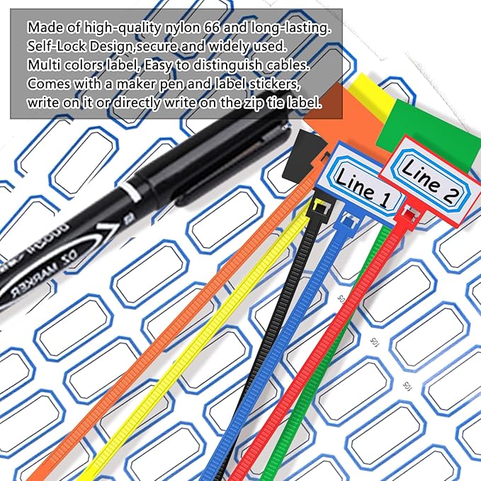 250pcs 6 inch Wire Zip Ties, Self-locking Nylon Cable Tags Labels, Multicolor Written-on Cable Mark Ties Zip Tie Tags for Wire Marking and Organizing