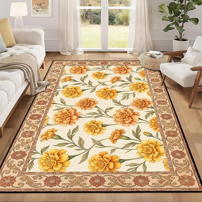 Marigold Floral Area Rug Vintage Boho Rug Bordered Non-Slip Washable Floor Mat for Bedroom Living Room Nursery Kitchen Playroom Home Decor,6'x9'