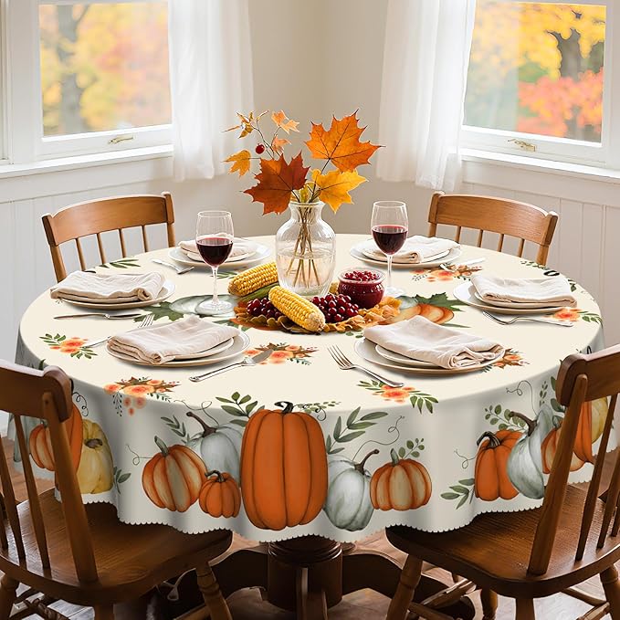 Eikione Fall Tablecloth 60Inch, Round Pumpkin Tablecloth, Thanksgiving Table Cover for Party Dining Picnic Table Decorations