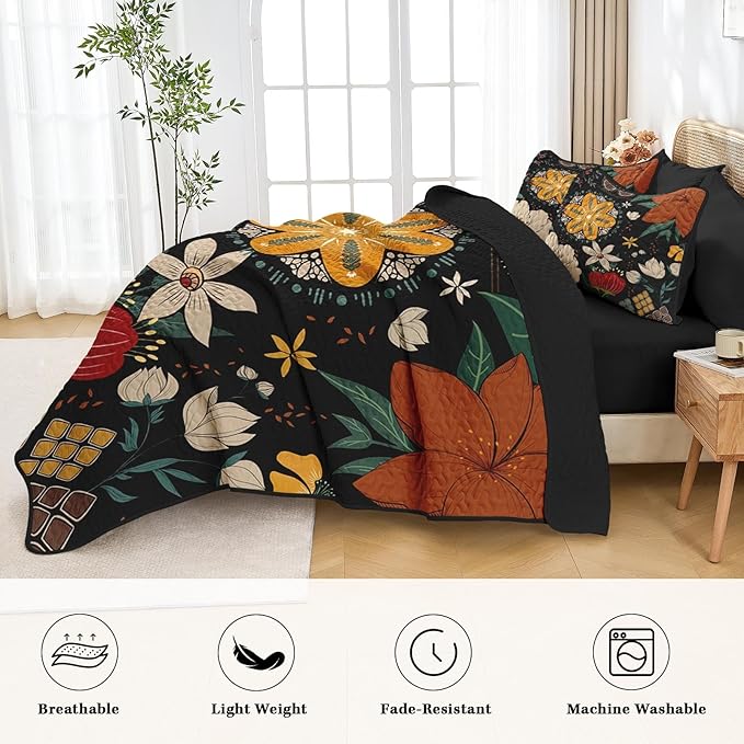 Quilt Set King Size, Black Tropical Floral 3 Pcs Soft Bed Cover Bedding Set, Farmhouse Botanical Lightweight Bedspread Coverlet with 2 Pillow Sham for All Season