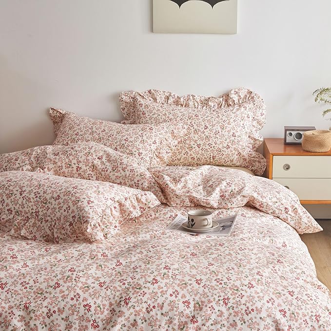 Vintage Floral Duvet Cover King 100% Cotton Pink Flower Duvet Cover with 2 Ruffle Pillowcases Girls Boho Lace Floral Bedding Set Aesthetic Garden Style Botanical Comforter Cover King with Zipper Ties