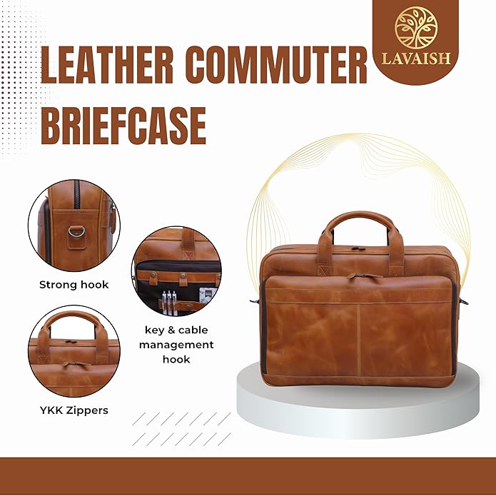 LAVAISH Handmade Full-Grain Leather Briefcase for Men & Women–17" Laptop Bag with Computer Compartment Office Satchel Bag