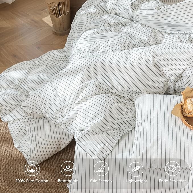MooMee Striped Duvet Cover Set 100% Washed Cotton Linen Like Textured Breathable Durable Soft Comfy (White Heathered Green Wide Stripes, Queen 90"x90")
