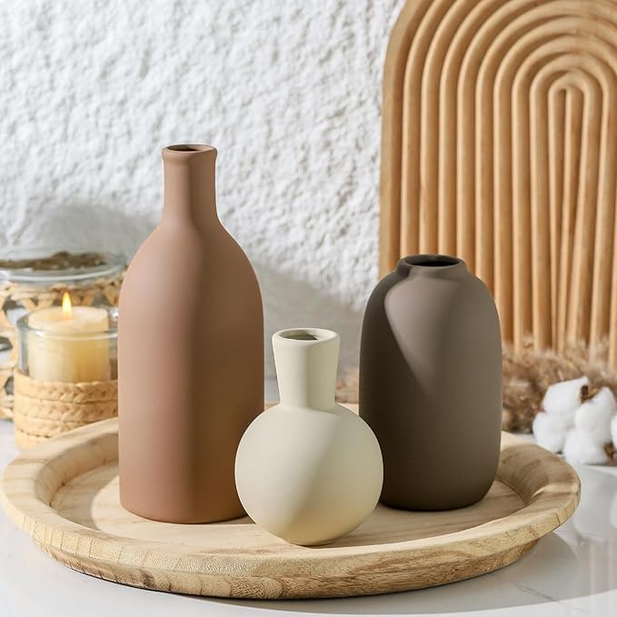 Ceramic Vases Set of 3, Modern Neutral Rustic Farmhouse Home Decor Pottery Pampas Decoration for Living Room, Table, Bathroom, Bedroom, Entryway - Brown