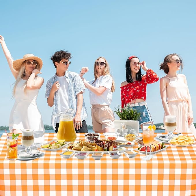 WNINK 2 Pack Orange and White Checkered Rectangular Plastic Tablecloths, Orange Gingham Waterproof Disposable Table Covers 54" x 108" for Birthday, Wedding, Outdoor Picnic Camping Parties