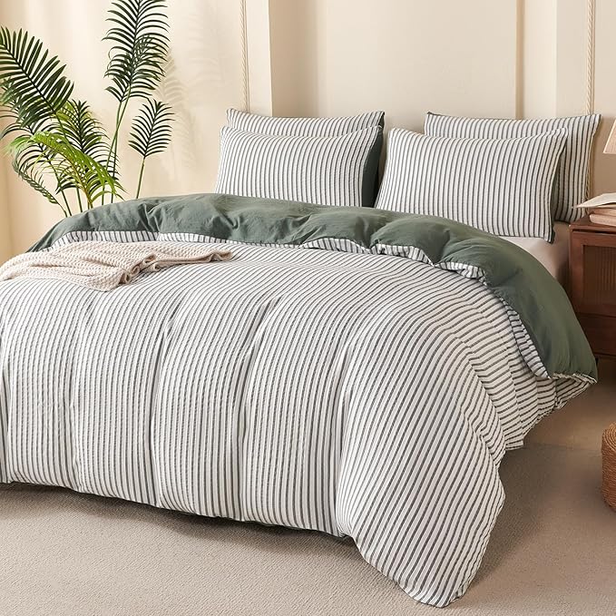 Duvet Cover Set Queen Striped Washed Microfiber Jacquard 3 Pieces Bedding Set, Green White Vertical Ticking Stripes Pattern Comforter Cover with Zipper Closure Breathable Durable Soft Comfy