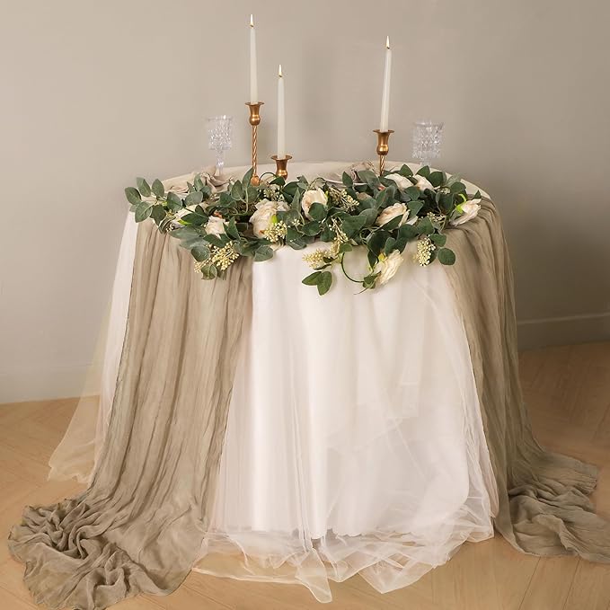 Snowkingdom 6PCS 10 FT Light Brown Cheesecloth Table Runner, 120 inch Long Tan Fall Thanksgiving Boho Rustic Gauze Sheer Runner for Wedding Baby Shower Birthday Holiday Party Table Decorations