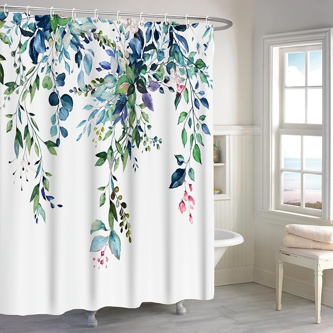 Eucalyptus Shower Curtain, Watercolor Green Leaves Plant Floral Spring Nature Waterproof Fabric Machine Washable with Hooks for Bathroom Bathtub Decor 60Wx72H