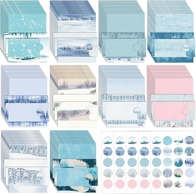 EggSun 250Pcs Christmas Winter Stationery Paper and Envelope Set with 100 Letterhead Papers and 50 Envelopes, 10 Design for Letter Writing Invitations Computer Holidays Party Notes, 8.5x11 Inch-Snowy