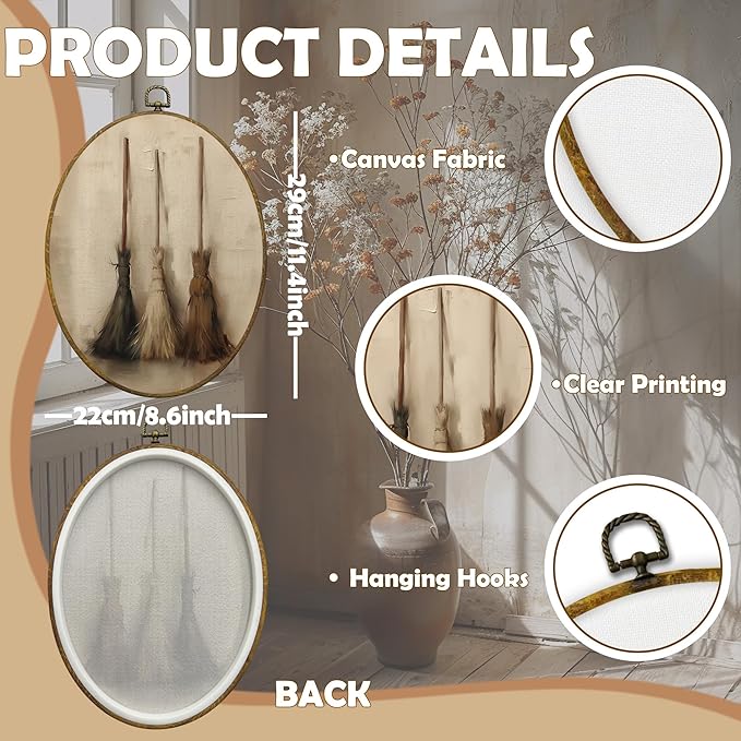CUANFDDSF Vintage Rustic Farmhouse Oval Wall Art Decor, Rustic Moody Witch Broom Wall Hanging Decor, Gothic Witchy Country Framed Canvas Prints for Home Bedroom Living Room, 8.6x11.4 Inch