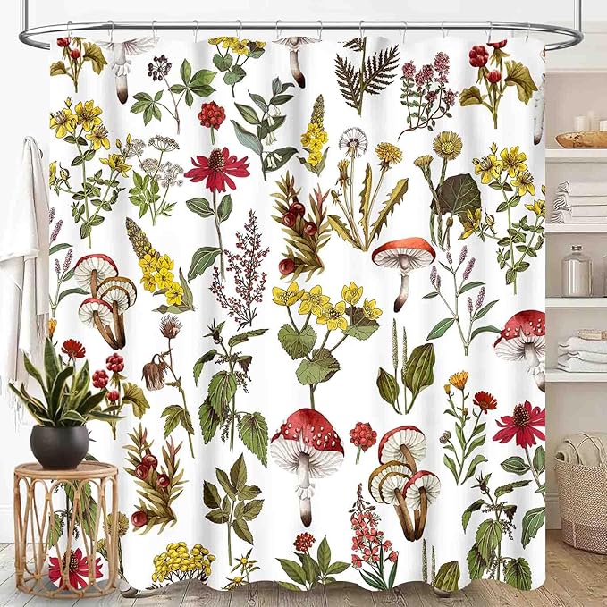 Mushroom Shower Curtain for Bathroom, Farmhouse Wildflower Botanical Mushroom Plants Leaf Sage Green Rustic Vintage Cottagecore Nature Waterproof Fabric Shower Curtain Set with Hooks, 72"x84" Inch