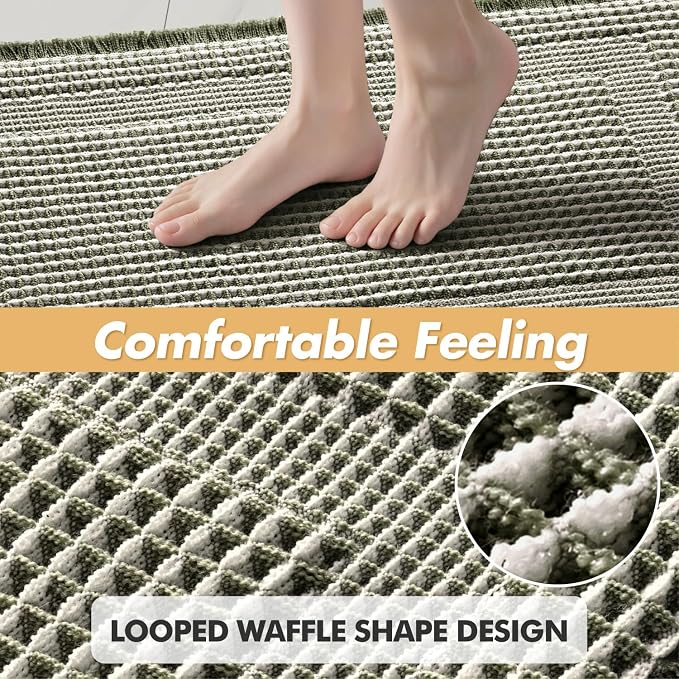 MIULEE Set of 2 Waffle Bathroom Rugs, Boho Bath Rug Super Absorbent, Non Slip Washable Ultra Soft Rubber Backed Shower Bath Mats for Floor, Tub, Shower, Looped Design, Green & Cream, 17"x24"+18"x30"