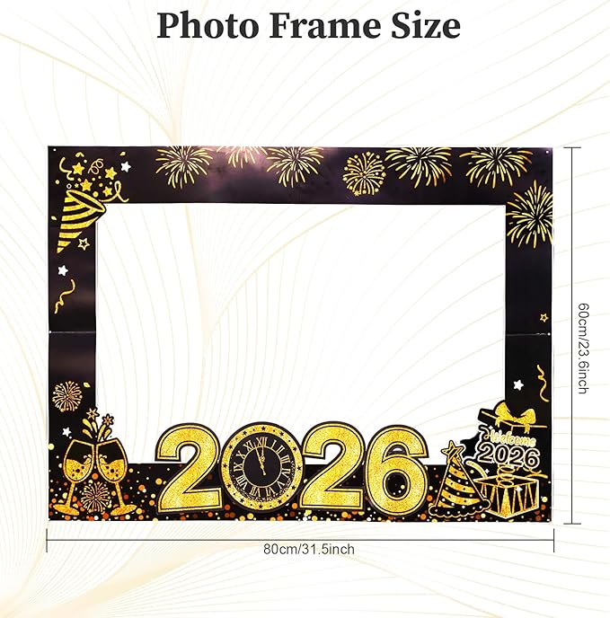 31 Pcs New Year Eve Photo Booth Props, Happy New Year 2026 New Years Decorations 2026, Black Gold Photo Booth Props Kit for New Years Eve Party Supplies 2026 Photo Props with Photo Frame Hats Glasses
