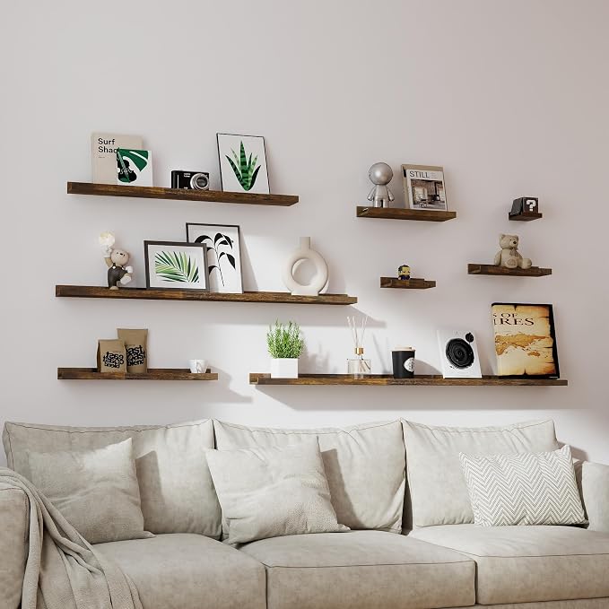 Floating Shelves for Wall Decor, Wall Mounted Wood Storage Shelf for Bedroom, Living Room, Bathroom, Kitchen, Nursery, Rustic Display Picture Ledge Shelf with Lip Set of 2-16 Inches, Brown