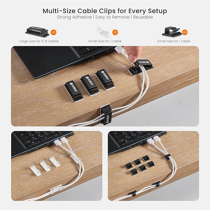 EUREKA ERGONOMIC 316 PCS Cable Management Organizer Kit Cable Raceways, 6 Cable Holder, 4 Cord Sleeve, 60 Wire Clips,2 Roll Self Adhesive Wire Ties, 100 Zip Ties for Office Home Under PC Desk, Black