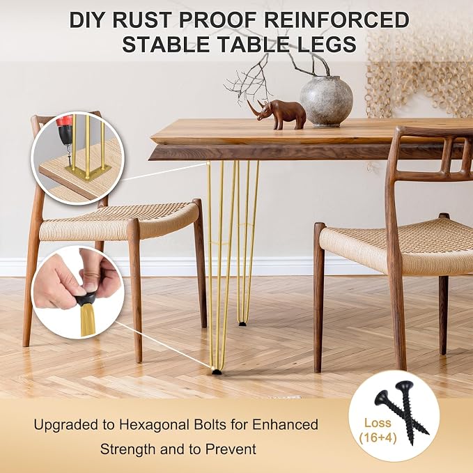 16Inch Hairpin Table Legs Golden Set of 4 Desk Legs,1300lbs Load Capacity ， Rodsfor Coffee Table, Night Stand Desk Bench，Desk, Bench Desk Dining End Table Chairs