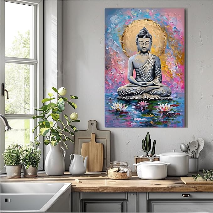 Lotus and golden Buddha meditation tranquil zen wall art mindfulness wall art for spiritual harmony and tranquility decor 12x18in Frameless
