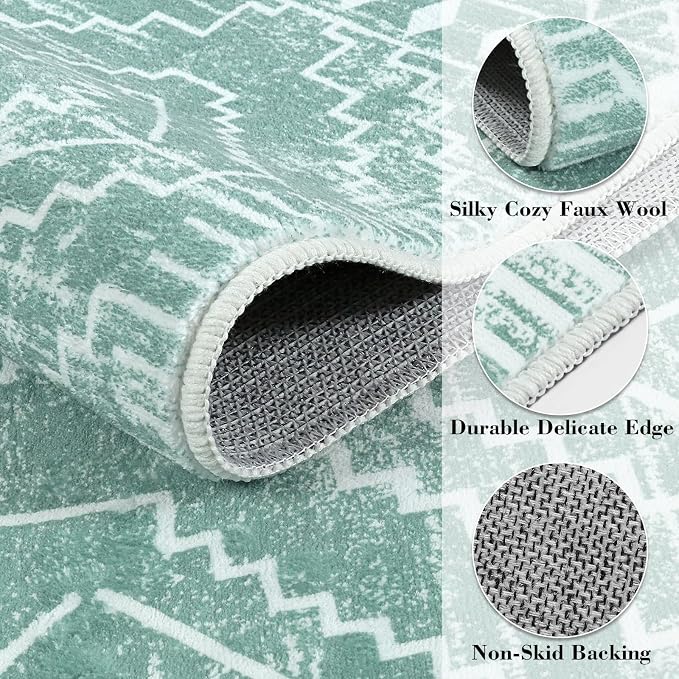 Wonnitar Moroccan 2'6"x8' Washable Kitchen and Bathroom Rug, Sage Green Boho Laundry Room Carpet, Thin Non-Slip Runner for Bedroom Hallway Closet (Mint Green, 2'6"x8')