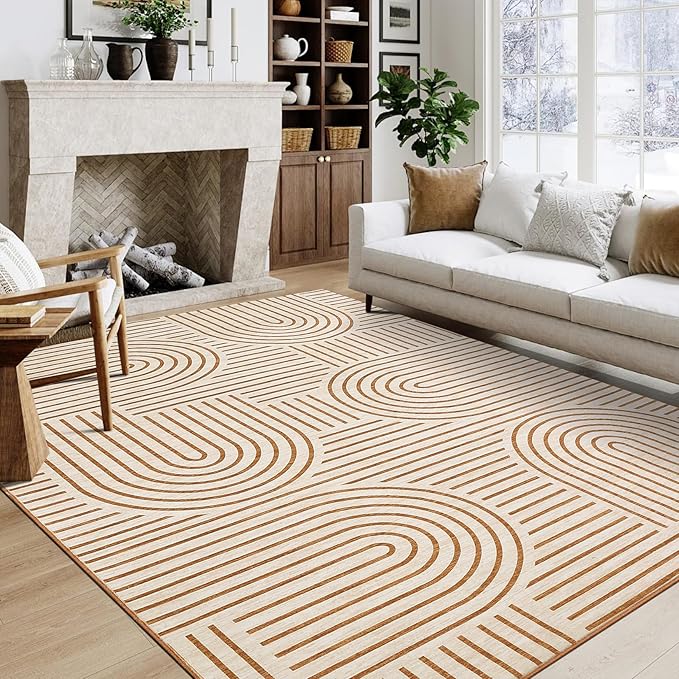 Washable 8x10 Area Rug Modern Abstract Carpet Non Shedding Living Room Area Rug Soft Bedroom Rugs Stain Resistant Boho Rainbow Large Carpet for Nursery Dining Room, Orange