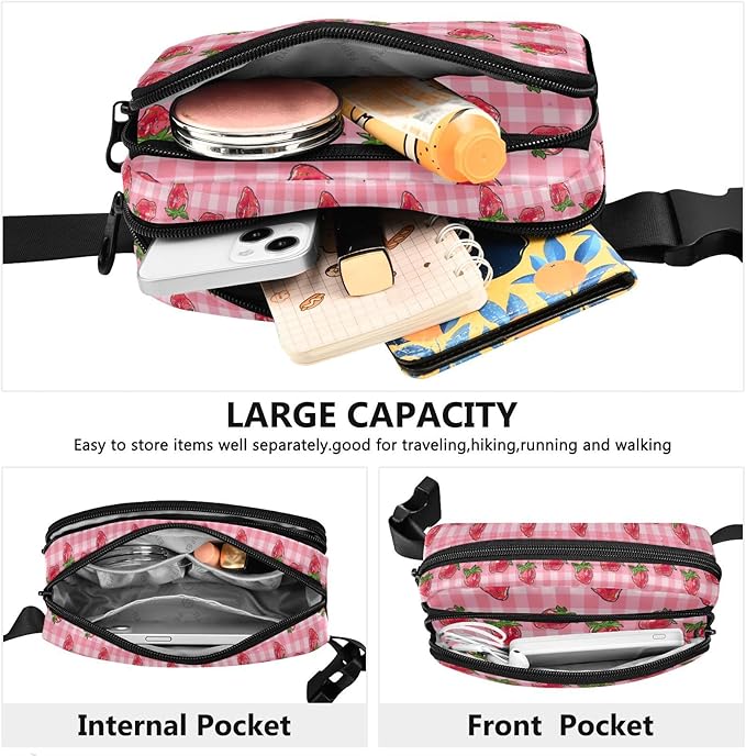 Pink Strawberry Plaid Fanny Pack for Women Men Water Resistant Fashion Waist Packs with Adjustable Strap Belt Bag for Travel Workout Jogging Hiking 21219327