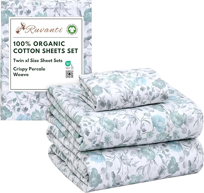 RUVANTI 100% Organic Cotton Sheets Twin XL, Percale Weave, GOTS Certified, 3-Piece Set, Deep Pocket 15", Crisp & Breathable, Soft Durable Bedding, Sábanas Algodón Orgánico – Cold Chrysanthemum