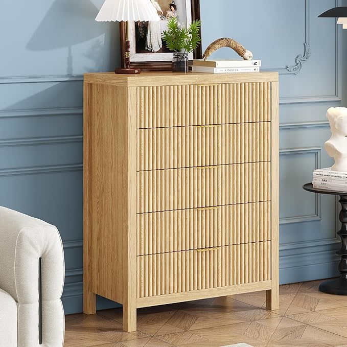 JZXSHD 43" 5 Tall Drawer Dresser Organizer TV Drawer Cabinet Modern Wood Storage Cabinet, Modern Wood Storage Cabinet for Bedroom, Hallway, Entryway, Natural Oak