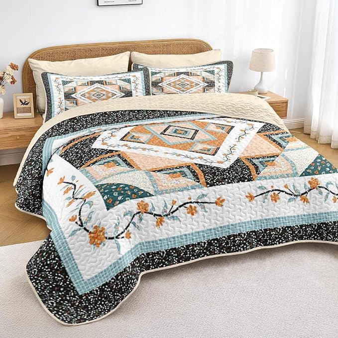 Quilt Set Twin Size, Farmhouse Floral 2 Pcs Soft Bed Cover Bedding Set, Boho Rustic Geometric Lightweight Bedspread Coverlet with Pillow Sham for All Season