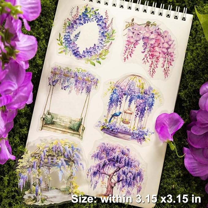 AuriicLeaf Wisteria Floral PET Sticker Set, 60Pcs Purple Flower Stickers for Scrapbooking, Journaling, Junk Journal Supplies, and DIY Crafts