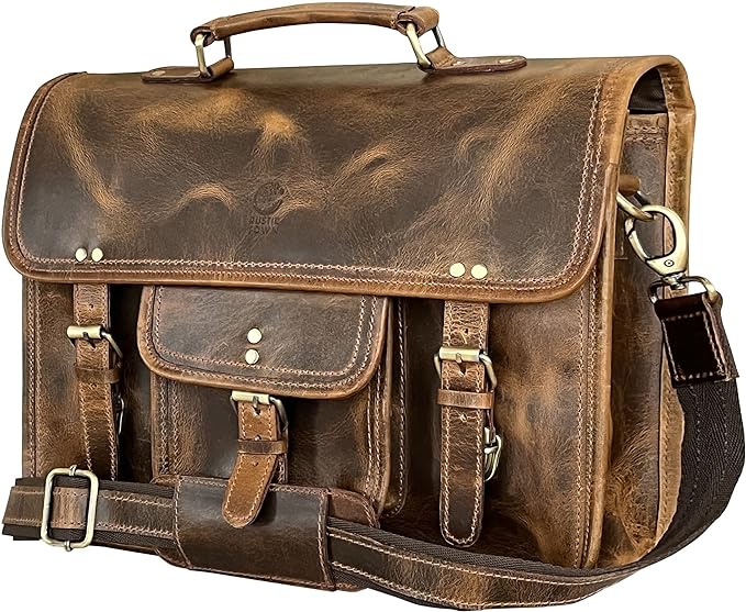 RUSTIC TOWN Leather Messenger Bag for Men - Full Grain Leather Briefcase Laptop Satchel Office Crossbody Travel Bag