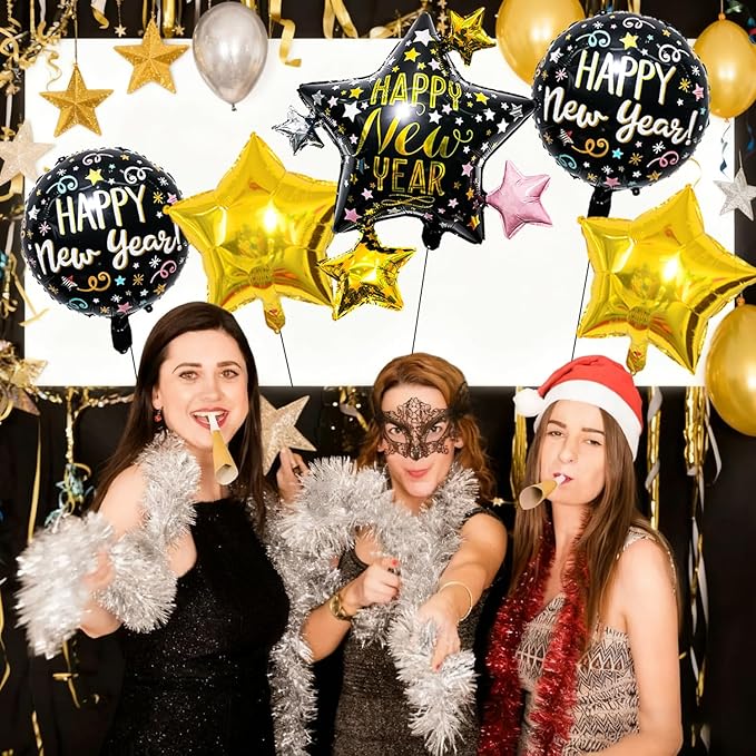 Happy New Year Balloons Black Gold 18 Inch New Years Balloons for Happy New Year Decorations 2026 New Years Eve Party Supplies