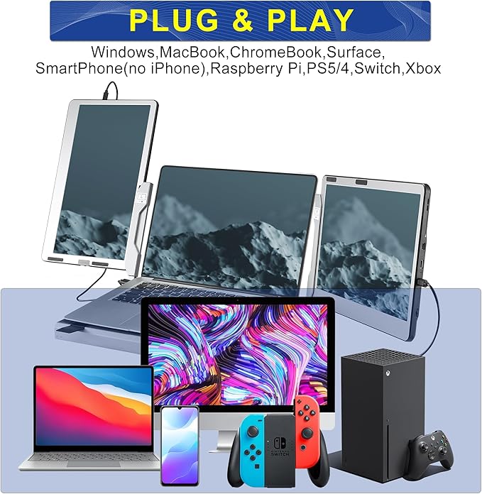 JoyReal F2 Laptop Screen Extender, 14'' 1080P Triple Portable Monitor for Laptop, 360 Rotating Monitor Desk Workstation with Multiple Laptops Stand for mac Windows Surface PS Switch