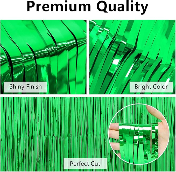 Thicken Green Streamers 4 Pack 3.2 x 8.2 FT, Tinsel Backdrop Curtains, Foil Fringe Photo Backdrop for Birthday, Dinosaur, Football, Jungle, Christmas, Golf Party Decorations