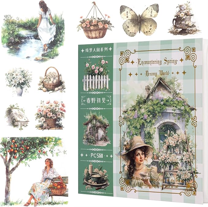 YagCu Garden Journal Stickers, 50 Sheets Washi Junk Journaling Sticker Book, Scrapbook Supplies, Watercolor Scrapbooking for Adults, Green Decorative Ephemera Arts Craft