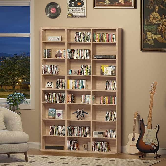LELELINKY 8 Tier Tall Display Cabinet, Natural Media Storage Cabinet with Adjustable Shelves, Free Standing DVD Organizer Shelf, Floor multimedia storage manga bookshelf for Living Room & Home Office.