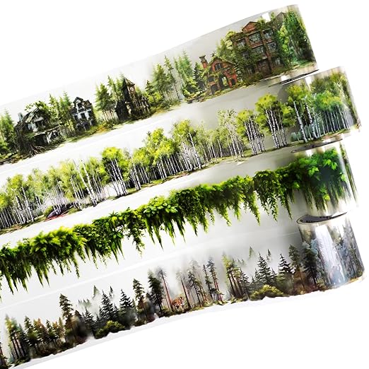 AuriicLeaf Forest Adventure Transparent PET Scrapbook Tape Set with Clip - 4 Rolls Tree and Landscape Scenery Design Stickers for Journals Planners Crafts and Gift Ideas