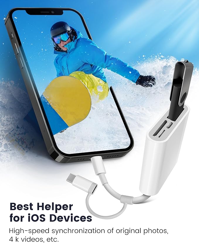 SD Card Reader for iPhone iPad, 4 in 1 Micro SD/SD Card Reader to iPhone Adapter, SD Card Viewer with TF/SD Dual Slot, Portable Camera Memory Card Reader for iPhone with Charging Port, Plug and Play