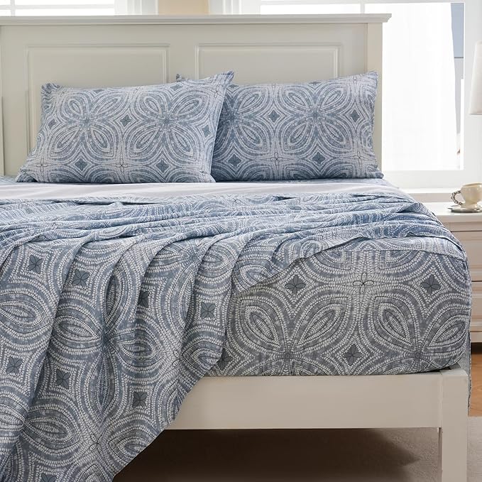 Zusbest Full Size Sheets 100% Percale Cotton Grey Bed Sheet, Brushed for Extra Softness, Breathable Luxury Flannel Like Sheets Modern Classic Navy Printed Deep Pocket Bed Set 17.5'' 4 Pcs