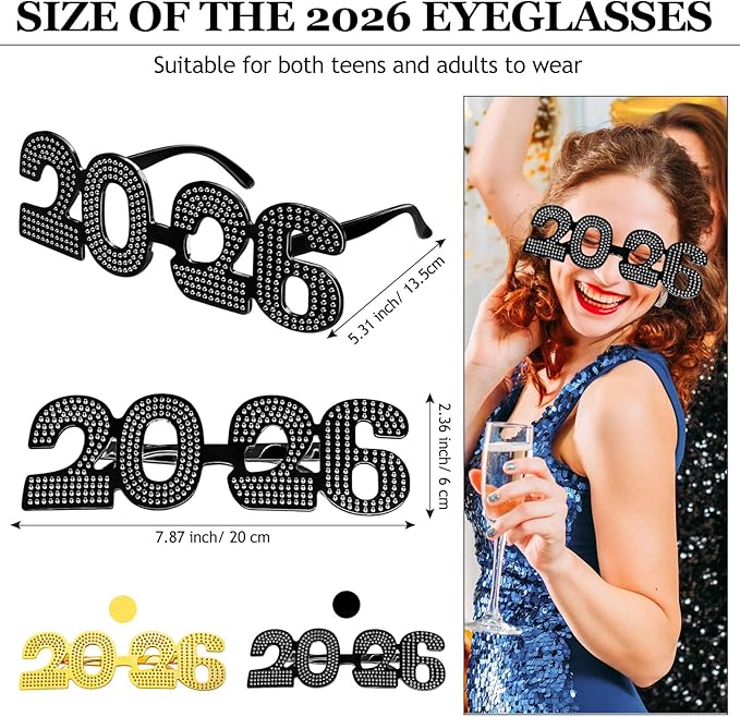Konohan 6 Pcs 2026 New Year Eve Glasses Glitter Number Sunglasses Eyeglasses for New Years Party Supplies Festival Photo Prop (Gold Black)