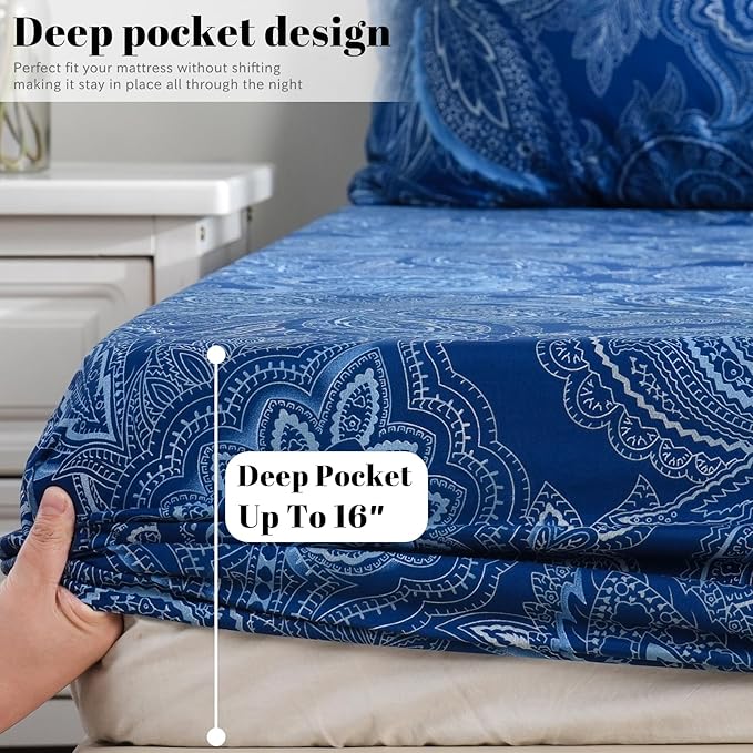 Bedlifes King Sheet Set Ultra Soft, Breathable, Silky Flower Deep Pocket 100% Microfiber Bedding, 4 Piece King Size Paisley Dark Navy Blue