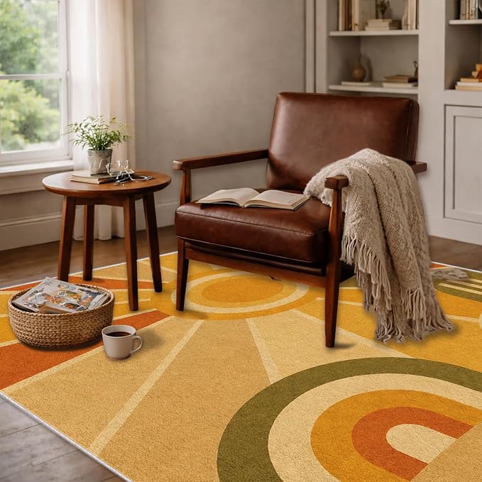 Golden Sunburst Area Rug 5x8, Mid Century Modern Retro Geometric Rug, 70s Style Abstract Washable Low Pile Non Slip Rug for Living Room Bedroom