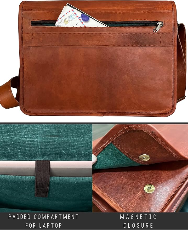RUSTIC TOWN 14" Leather Messenger Bag for Men & Women – Full Grain Vintage Crossbody Satchel – Fits 13.3"/14" Laptop – Ideal Briefcase for Work, Travel & College – Adjustable Shoulder Strap