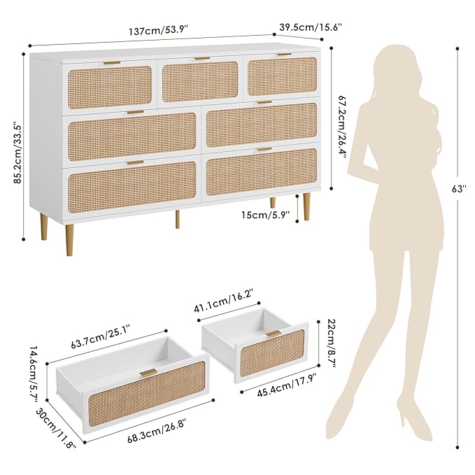 Garvee Rattan Dresser with 7 Drawers, Tall Modern Closet with Deep Storage, Large Chest of Drawers with Wide Top, Long Wooden Dresser for Bedroom, Living Room, Hallway, Kids Room, White