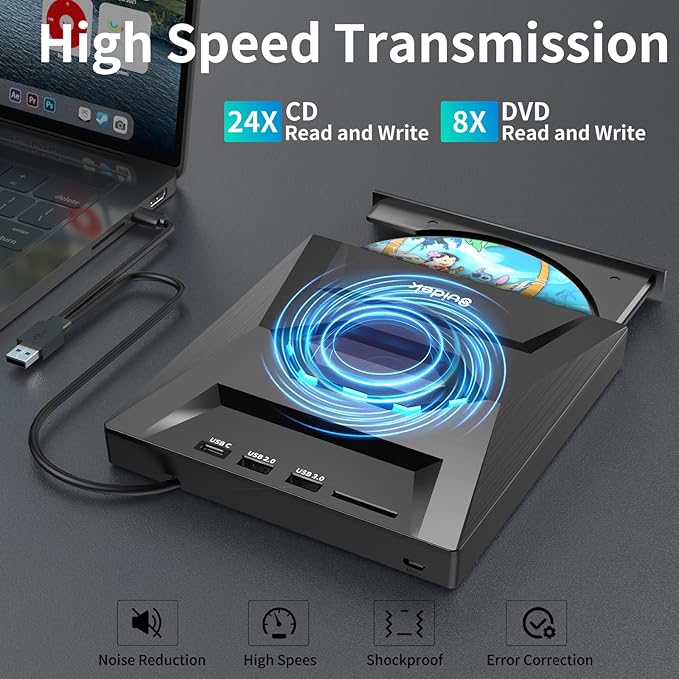 External CD DVD Drive for Laptop, USB C Portable CD/DVD +/-RW Burner DVD Player with SD Card Reader USB 3.0 Type C Hub Compatible with Laptop PC Windows Linux
