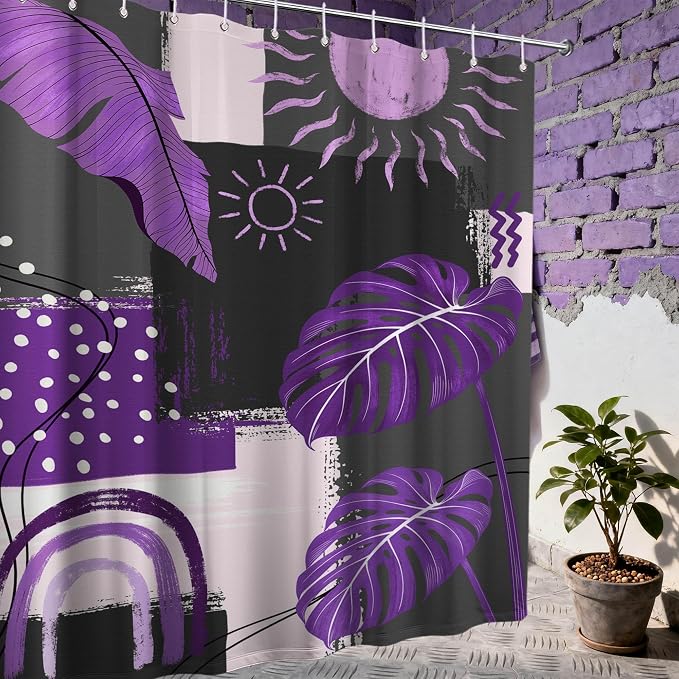 Purple and Gray Mid Century Modern Shower Curtain Bohemian Abstract Dark Purple and Grey Shower Curtains for Bathroom Decor Sets, Waterproof Cloth Fabric with Hooks, 70x78 Inch