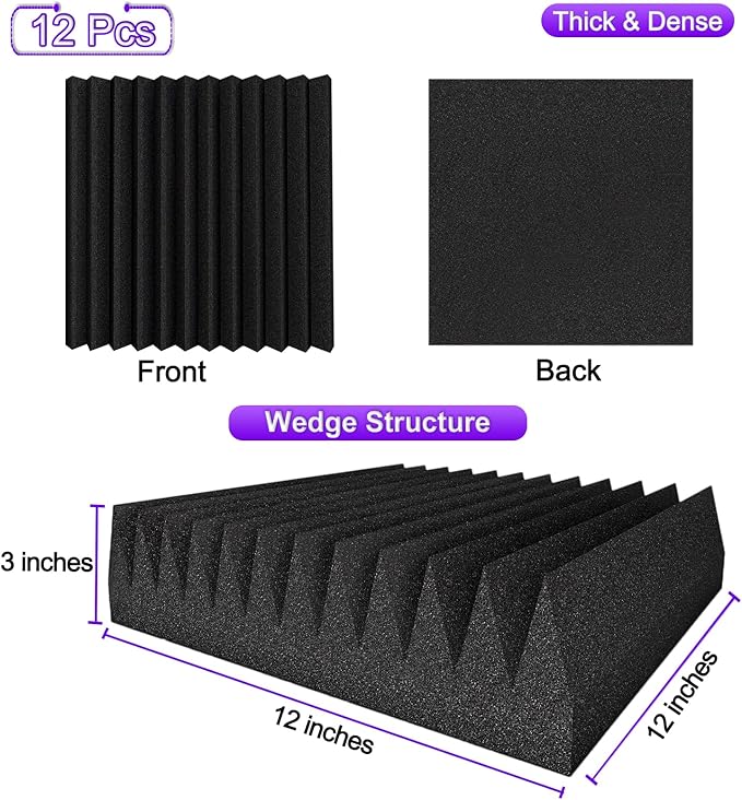 TroyStudio Thick Acoustic Foam Panels, 12 X 12 X 3 Inch 12 Pcs Broadband Sound Absorbing Foam, Dense Soundproof Padding Tile, Recording Studio Foam Absorber, Wedges Decorative 3D Wall Ceiling Panel