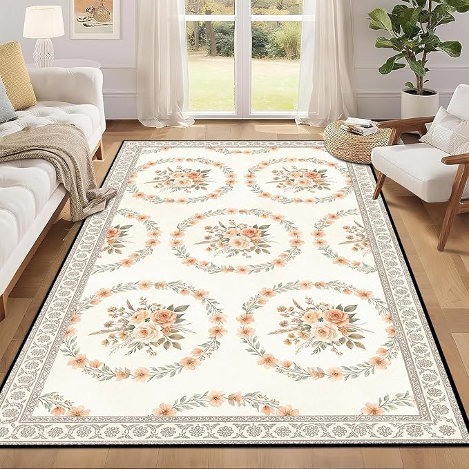 6'x9' Boho Floral Area Rug Vintage Peach Rose Carpet Non-Slip Washable Floor Mat Neutral Aesthetic Botanical Rug for Bedroom Living Room Nursery Kitchen Playroom Home Decor