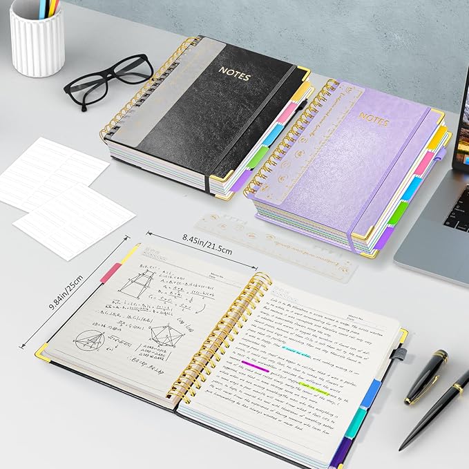 Hardcover Spiral Notebook Journal, 8"x10" Large B5 Notebooks with Removable Dividers Tabs, 300 Pages Leather 5 Subject Notebook College Ruled, Journal for Work School Note, 100 GSM Thick Paper,Black
