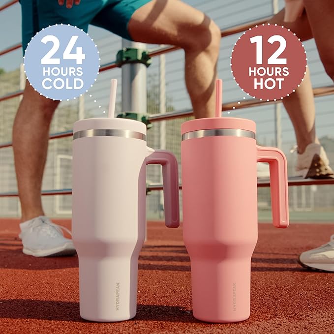 Hydrapeak Voyager 40 Oz Stainless Steel Tumbler with Handle, Insulated Water Bottle With Straw & Lid, Cupholder Friendly Reusable Travel Mug (Peony)