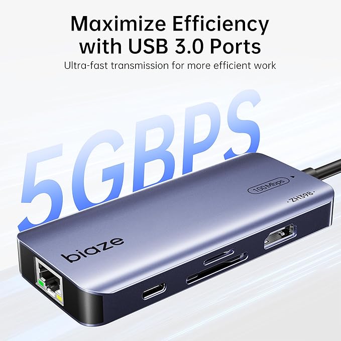 BIAZE 8-in-1 USB C Hub Adapter for MacBook, 4K60Hz HDMI, 100W PD Charging, USB 3.0, USB 2.0 * 2, SD/TF Card Reader, 100M Ethernet, 7 Ports Dongle for MacBook Pro/Air, iPad Pro, iPhone